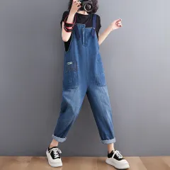 Women's New Loose Casual Retro Fashion Denim Overalls - Blue - View 1