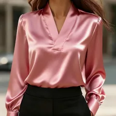 Women's Elegant V-Neck Blouse, Solid Color Shiny Finish Long Sleeve Dress Shirt For Office And Casual Wear - Pink - View 1