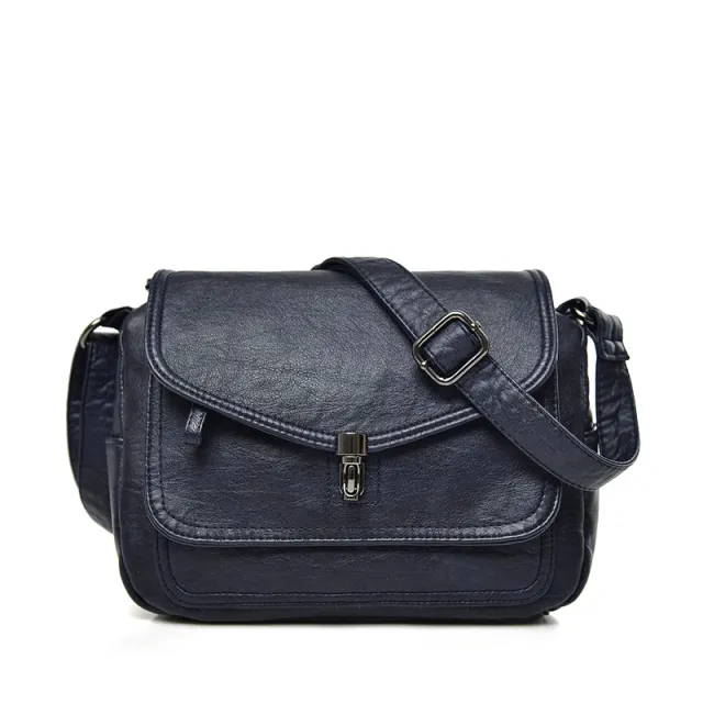 Women's Casual Three layer Pocket Large capacity Leather Shoulder Bag Blue - Shop at LoveMi