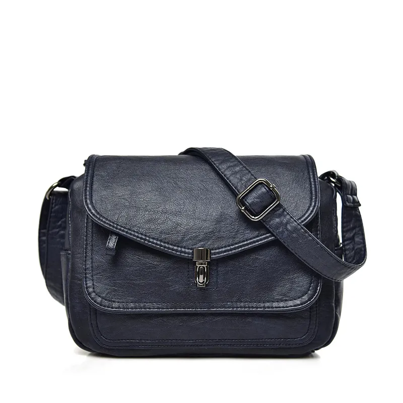 Women's Casual Three-layer Pocket Large-capacity Leather Shoulder Bag - Blue