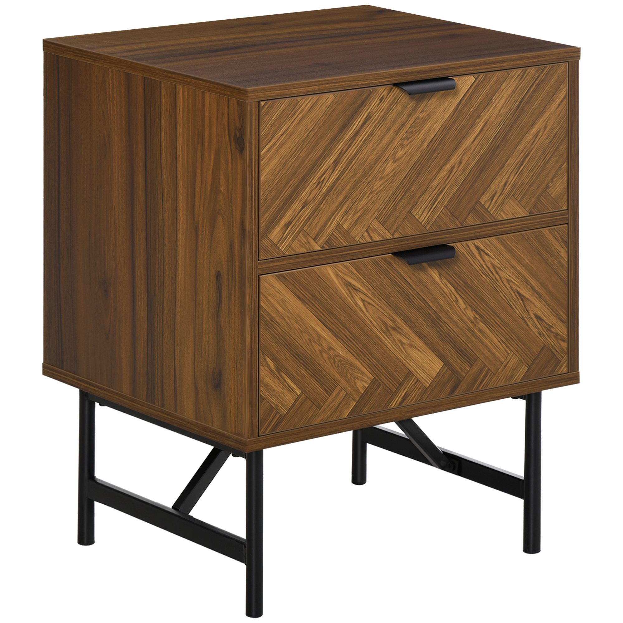 Bedside Table With Two Drawers, Side Cabinet Storage Unit Metal Handles