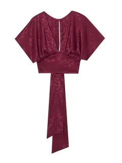 V-neck Bow Top With Exposed Navel And Tie Up Shirt - Wine - View 1