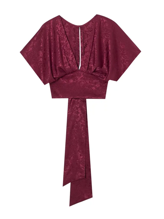 V neck Bow Top With Exposed Navel And Tie Up Shirt Wine - Shop at LoveMi