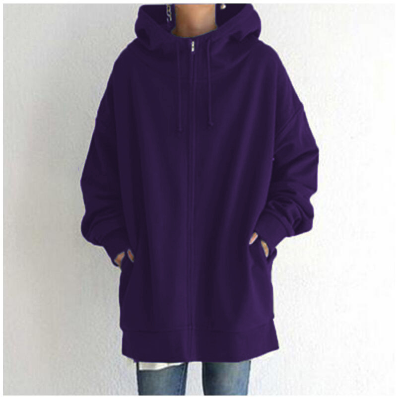 Zipper Hooded Long Plus Fleece Sweatshirt