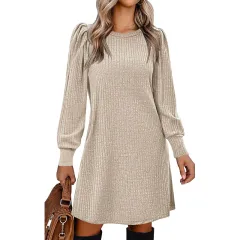 Women's Puff Sleeve Midi Dress - Spring Fall Casual Long Sleeve Round Neck Dress - Apricot - View 1