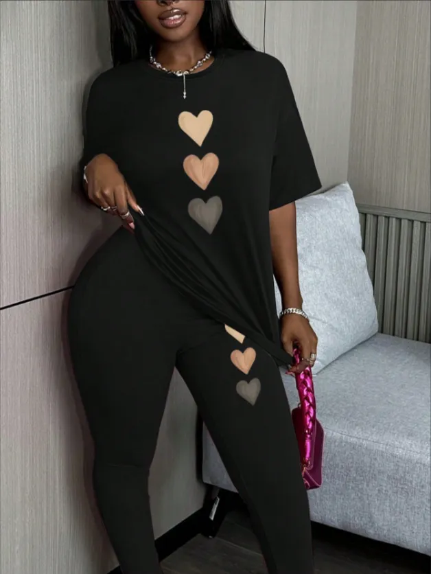 Women's Alphabet Printed Round Neck T Shirt And Leggings Set Black - Shop at LoveMi