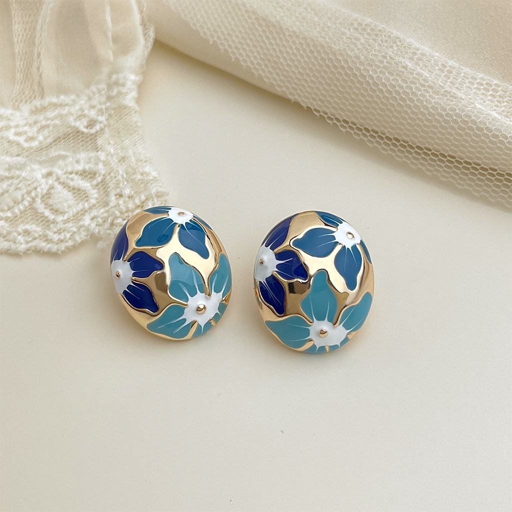 Premium Enamel Drip Floral Earrings - French Style Retro Stud Earrings, Vintage Bohemian Flower Jewelry For Women & Girls