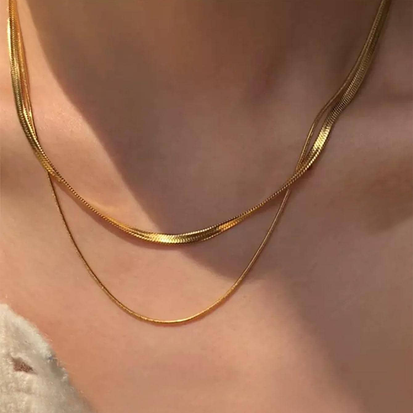 Double Layer Stackable Snake Chain Necklace  Women's Luxury Gold Choker, Vintage Minimalist Layered Necklace For Everyday Elegance