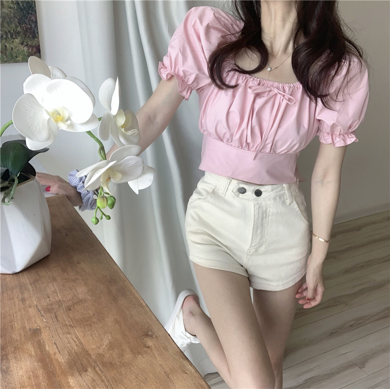 Title 9, Puff Sleeve Retro High Waist Slim Short Sleeve