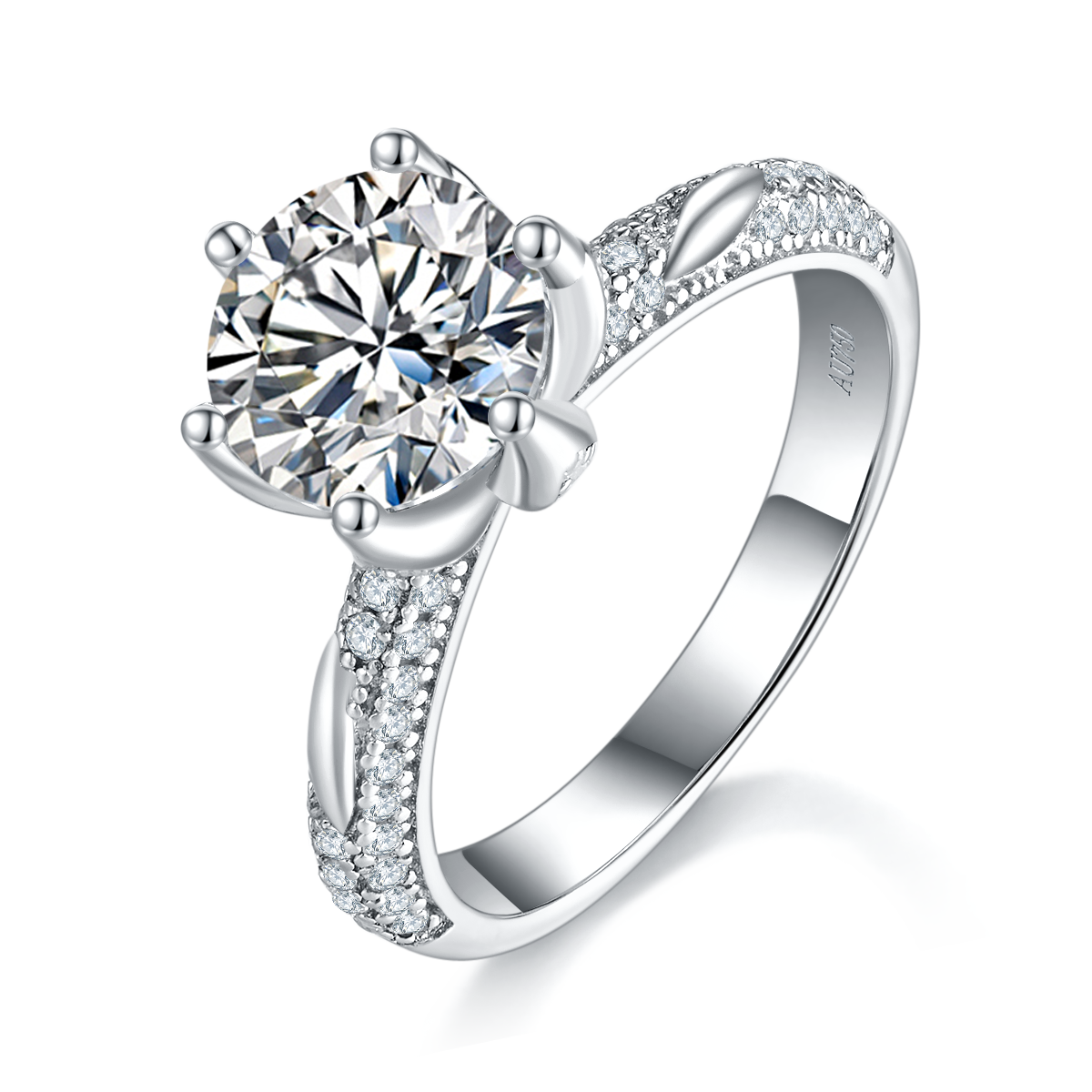 S925 Sterling Silver 2ct Round Moissanite Ring, 8mm D-VVS1 6-Prong Pave Band, Platinum Plated US Sizes 5-9, GRA Certificate Gift Box