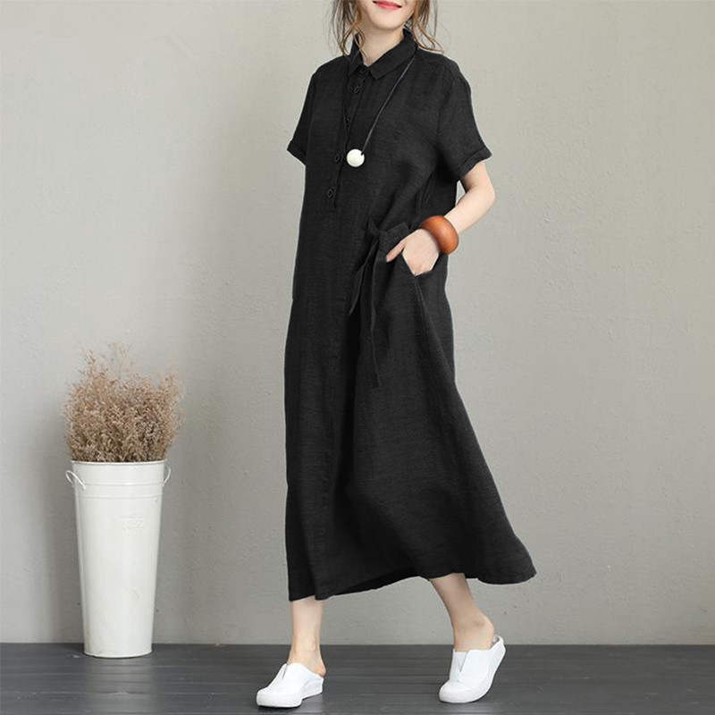Linen Cotton Polo Neck Loose Fit Casual Dress