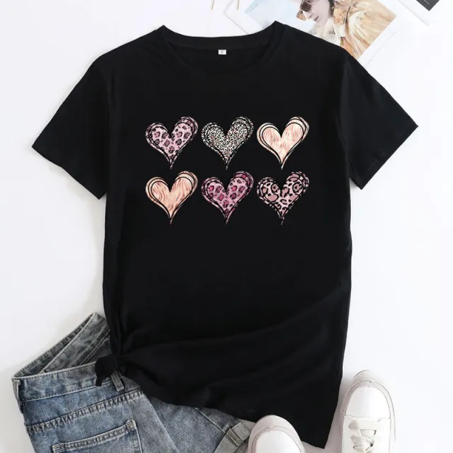 Women's Fashion Casual Love Printed Cotton Round Neck Short Sleeve Black - Shop at LoveMi