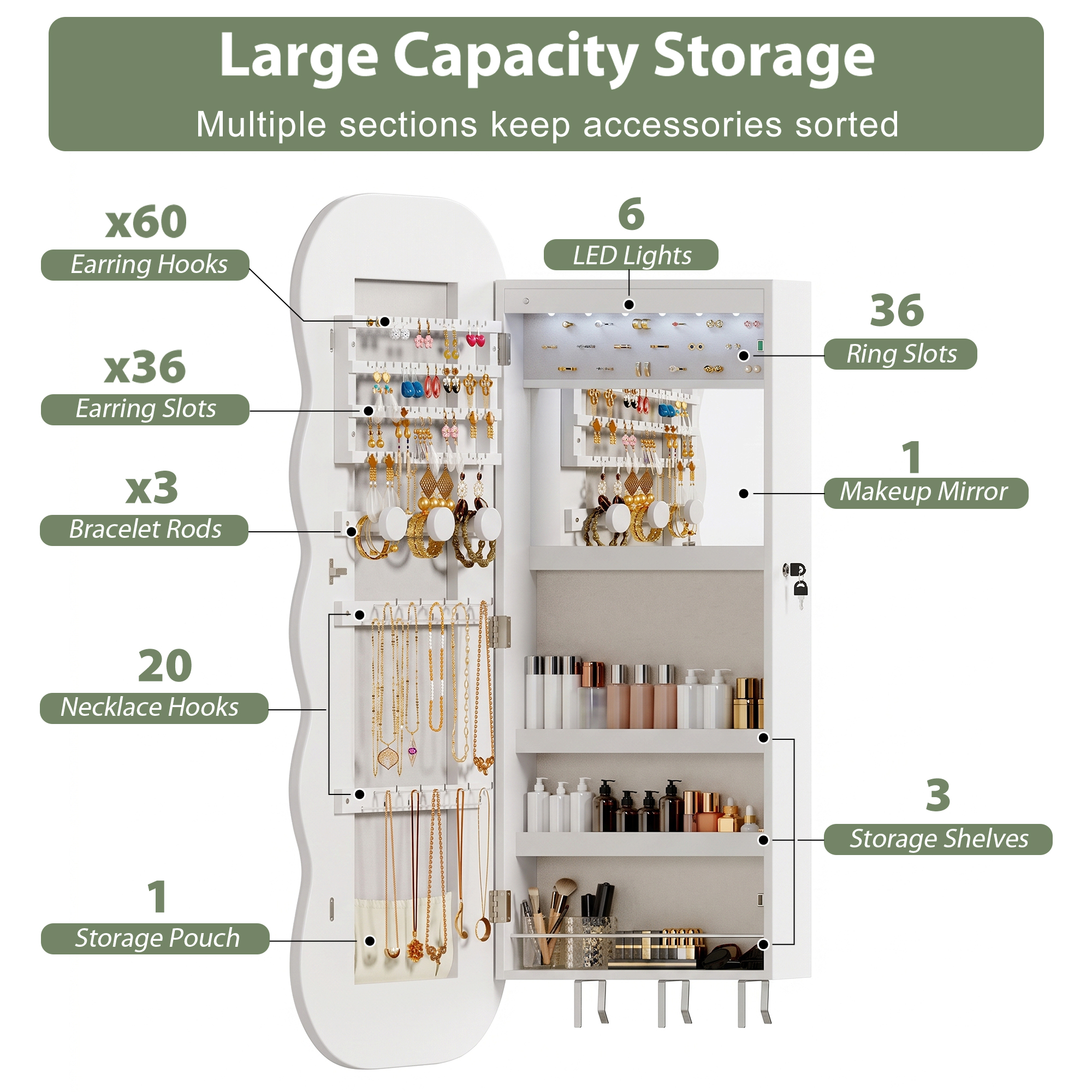 42.5IN Wall Mounted Jewelry Cabinet With Full Length Mirror, Storage Organizer Box, Over The Door… image 5
