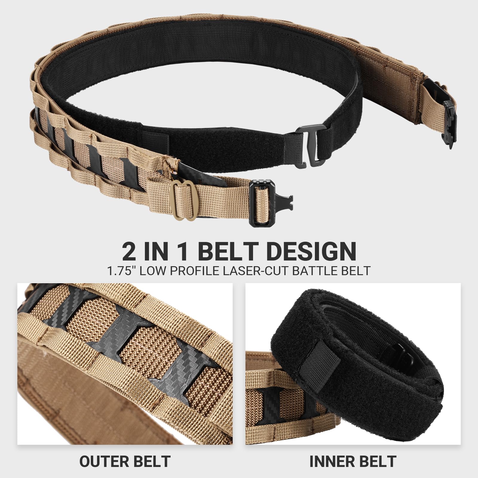 MOLLE Tactical Battle Belt with Quick Release Buckle. Superior fabrics material, quick-release buckle, inner/outer 2-belt system, tactical battle belt, brand promise.