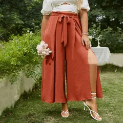 High-waisted Commuter Buckle Cotton Brown Loose-fitting Pants - Red - View 1