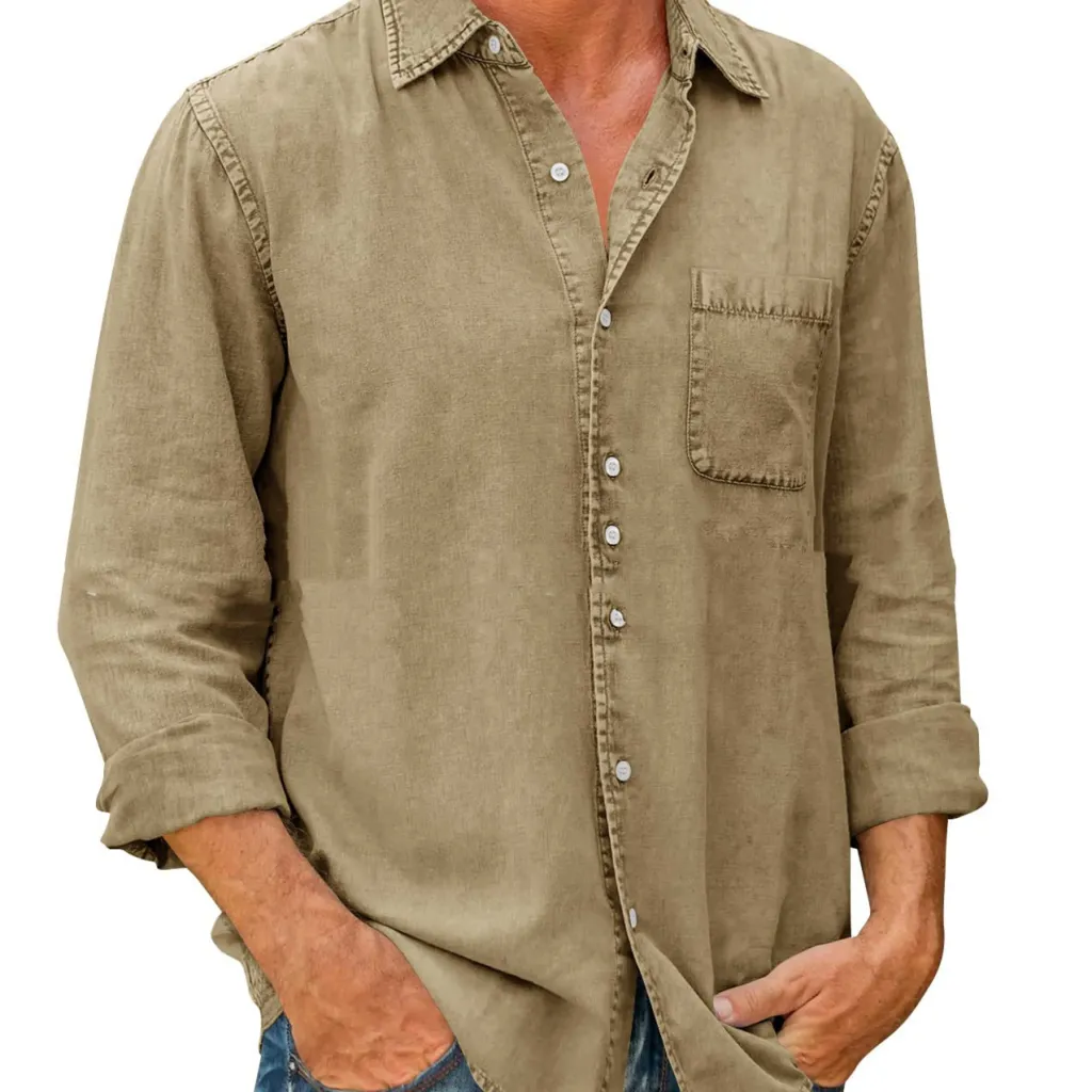 Men's Casual Solid Color Long Sleeve Shirt - Khaki