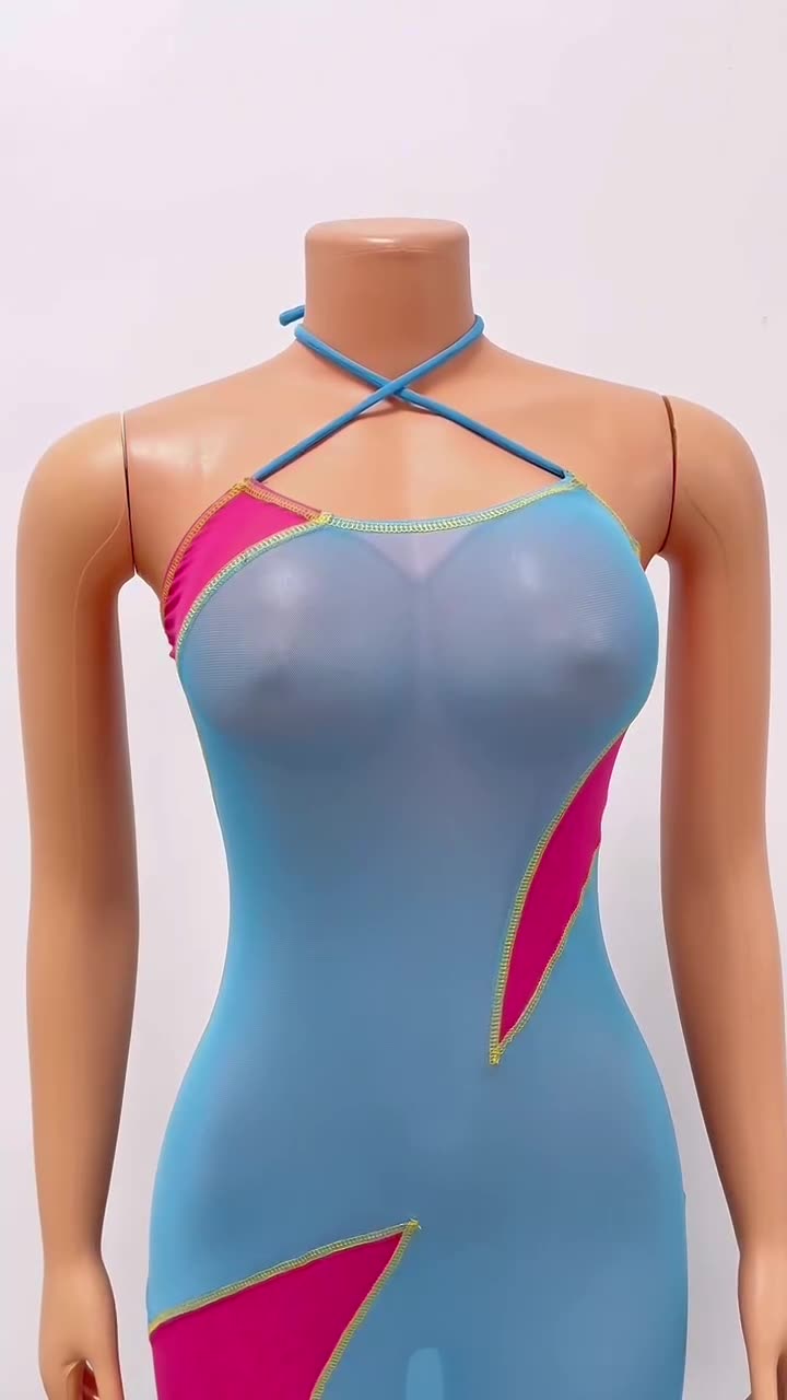 Women's Fashion Mesh See-Through Colorblock Dress