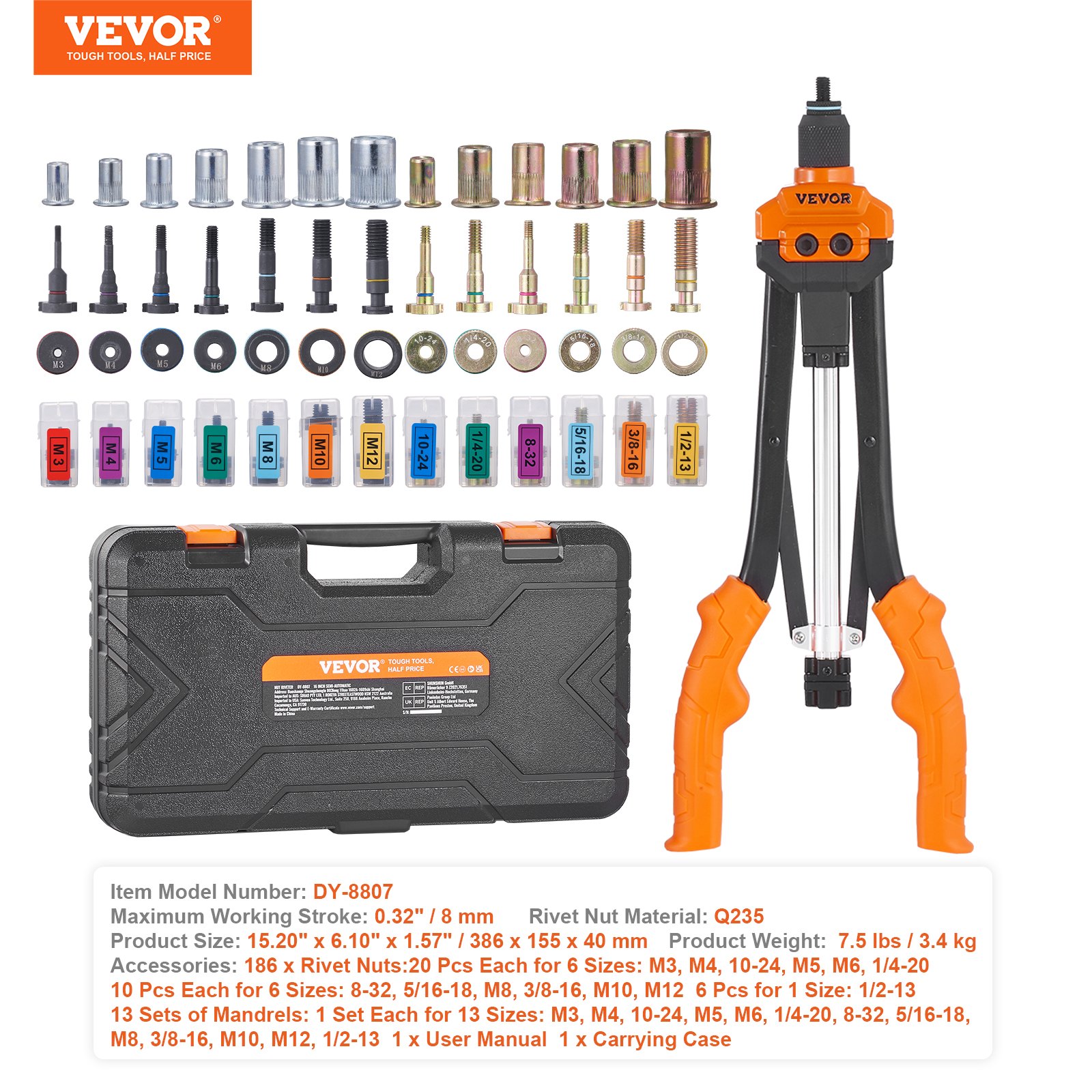 Rivet Nut Tool, 40.6cm Rivnut Tool Kit With 13PCS Metric