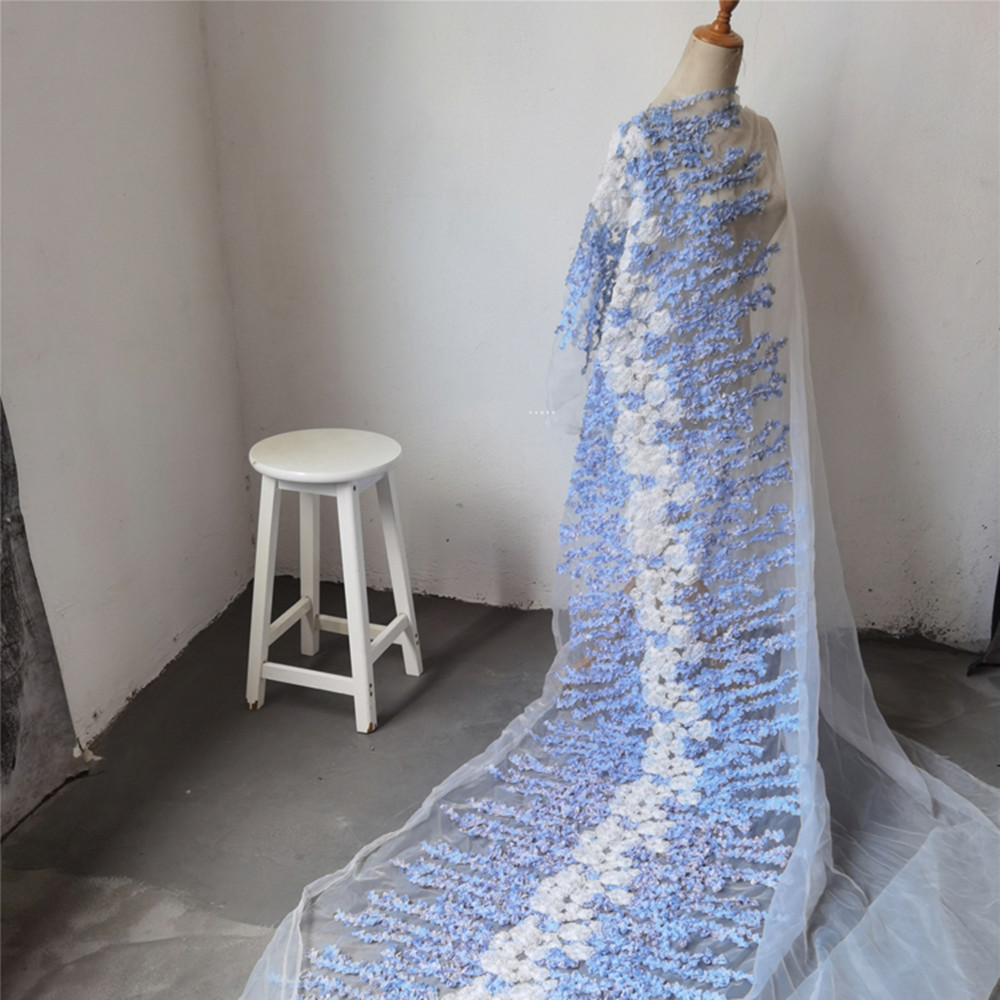 Blue Elegant Blooming Plate Flower Embroidery Mesh Gauze