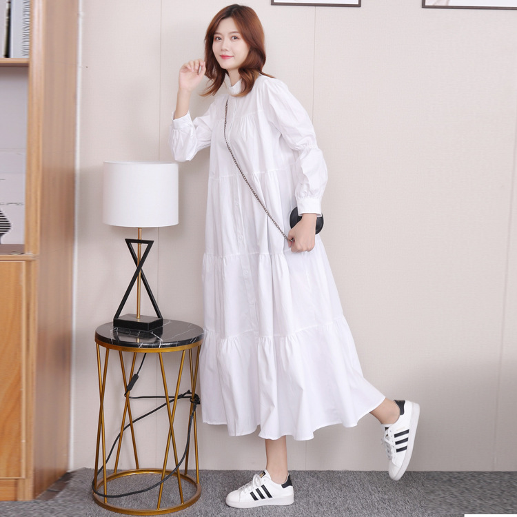 Girly Style Shirt Dress Simple Puff Sleeve Stand Collar Long Skirt