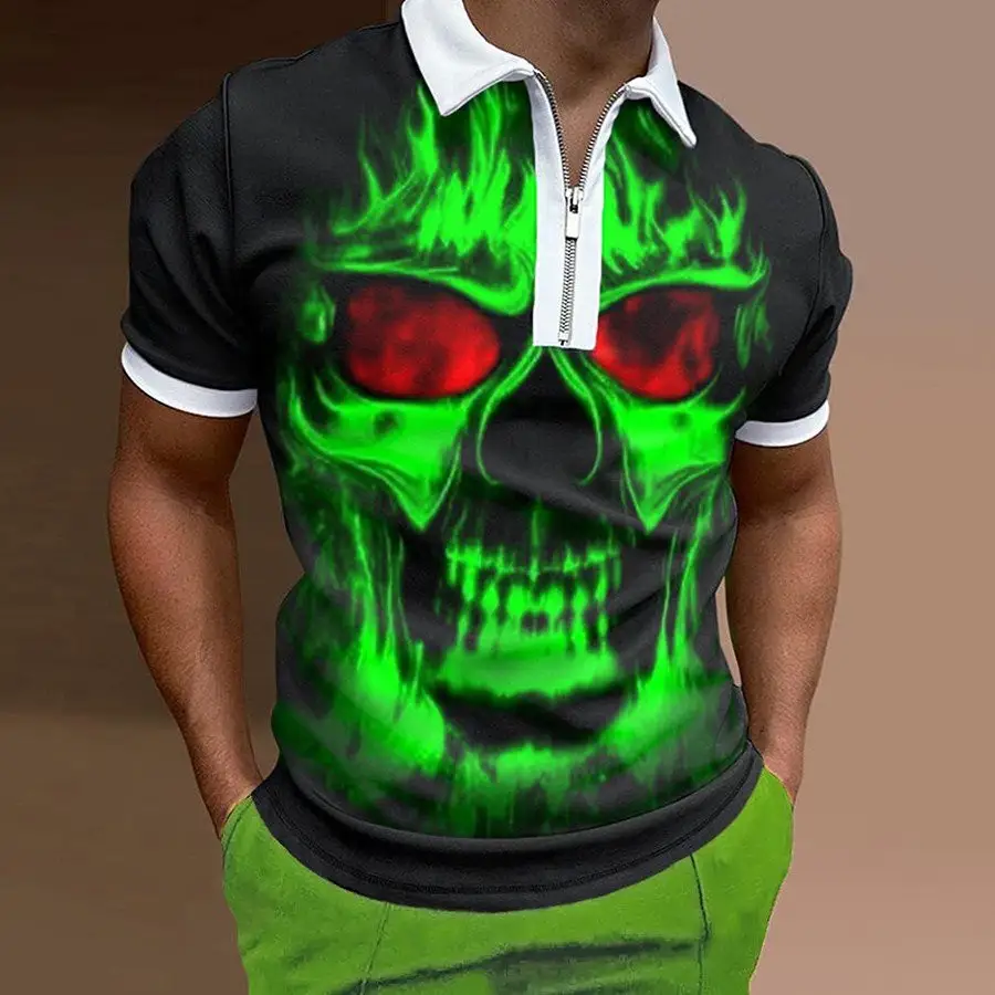 Men's Summer Fashion 3D Printed Short Sleeve Geometric Zip Lapel Shirt Set