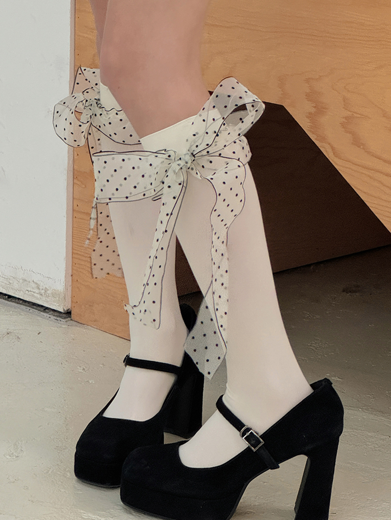 Polka Dot Bow Calf Socks, Black & White Sheer Ribbon Bow Mid-Calf Socks, Coquette Aesthetic Cute Socks For Women, Sweet & Edgy Daily Wear