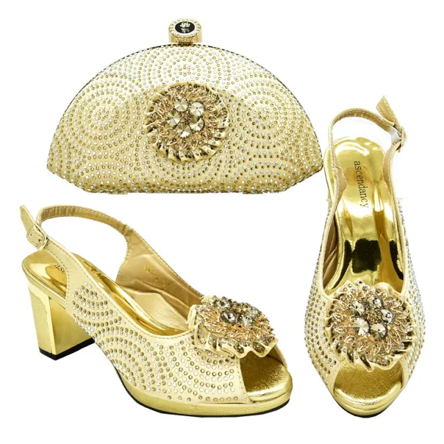 Block Heel Buckle Sandals With Rhinestone Bag Gold - Shop at LoveMi