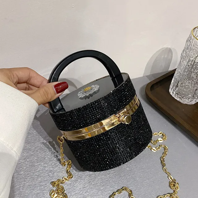Niche Design Rhinestone Lock Bucket Chain Shoulder Messenger Bag Black - Shop at LoveMi