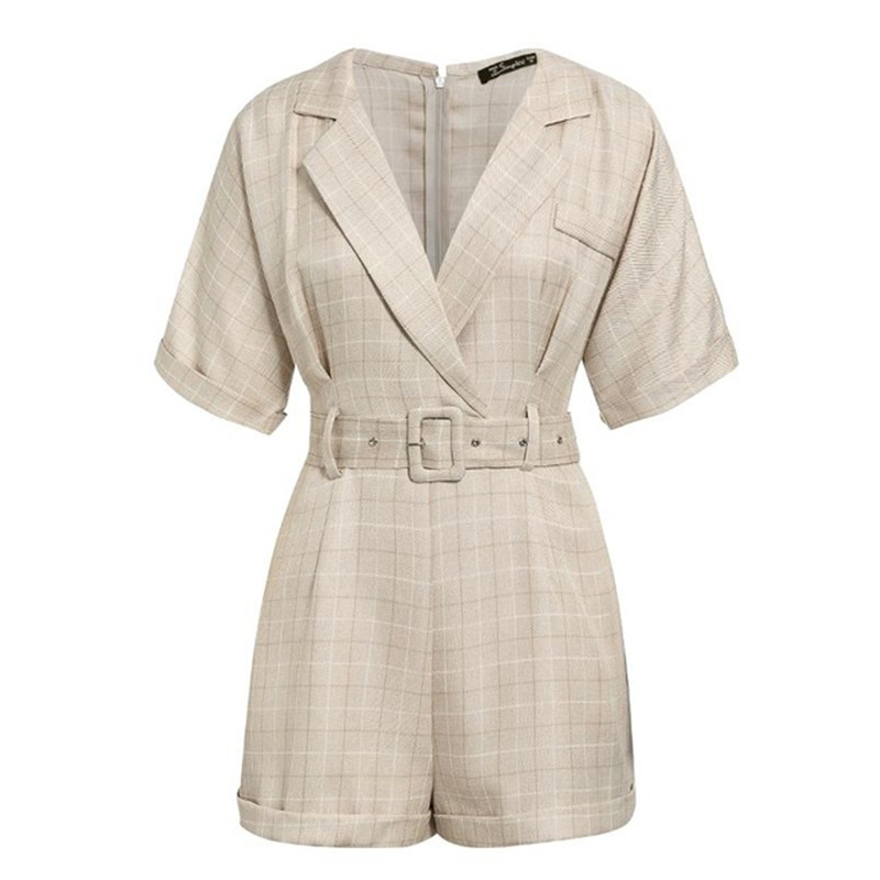 Title 4, Suit collar jumpsuit check belt casual jumpsuit