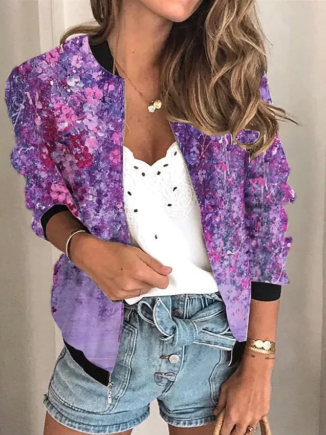 Women's Zipper Short Floral Long-sleeved Jacket Plus Size Clothing - Purple