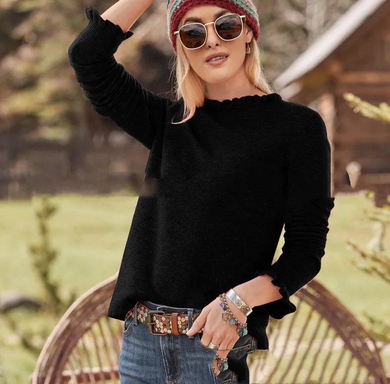 Solid Color Ruffled Round Neck Loose Long-sleeved Woolen Top - Black
