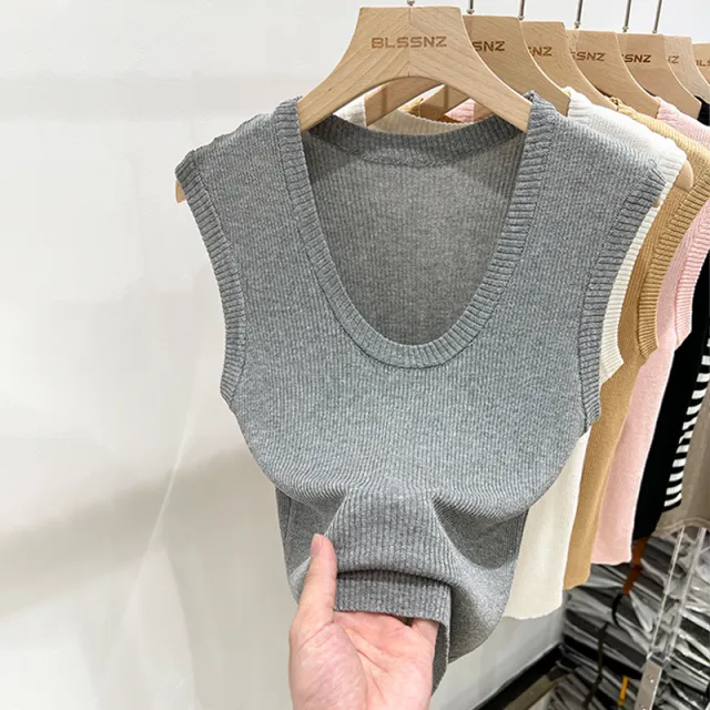 Women's U neck Knitted Vest Sleeveless Ice Silk Top Gray - Shop at LoveMi