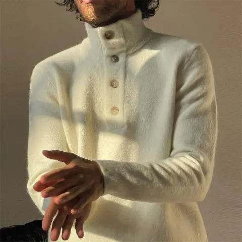 New Sweater Men's White Slim-fit Stand-up Collar Pullover Plush