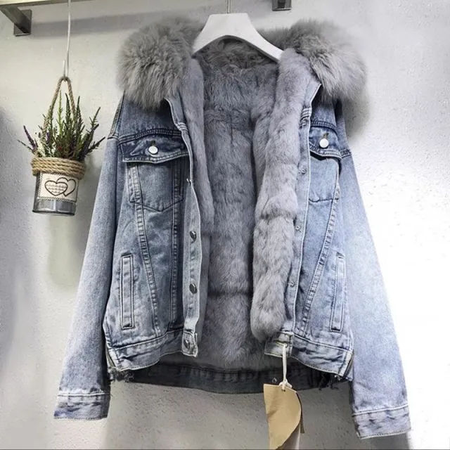 Women's Large Wool Collar Short Denim Coat Thickened With Velvet Light Blue - Shop at LoveMi
