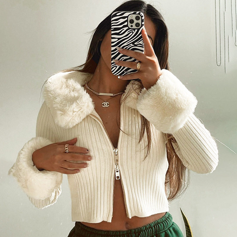 Women's Short Slim Double-headed Zipper Fur Collar Knitted Jacket
