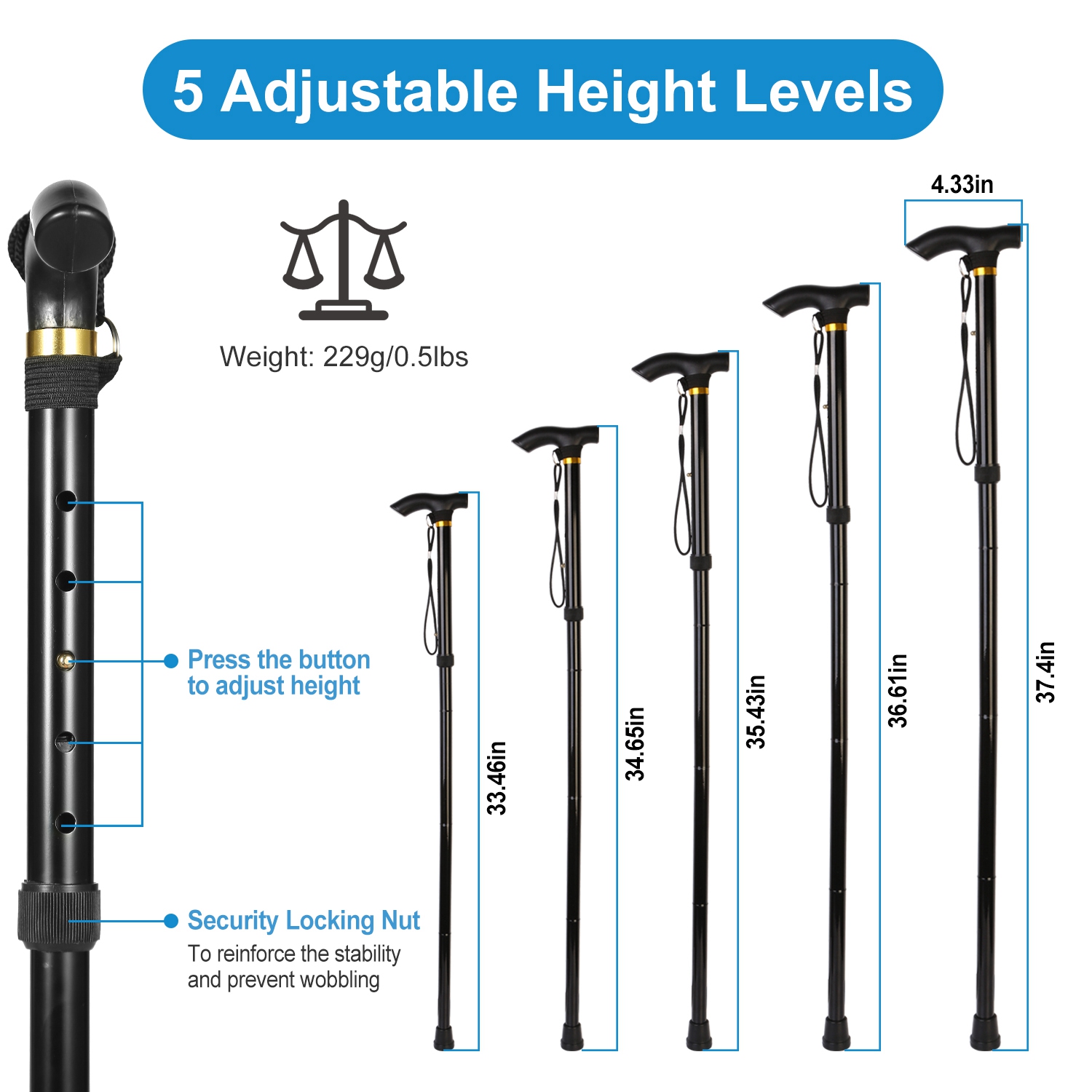 1Pc  Walking Cane Aluminum Alloy Walking Stick Adjustable Folding Travel Hiking Stick Antislip