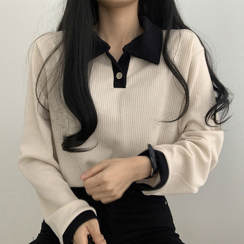 Autumn Button Lapel Pullover Long Sleeve POLO Collar Top