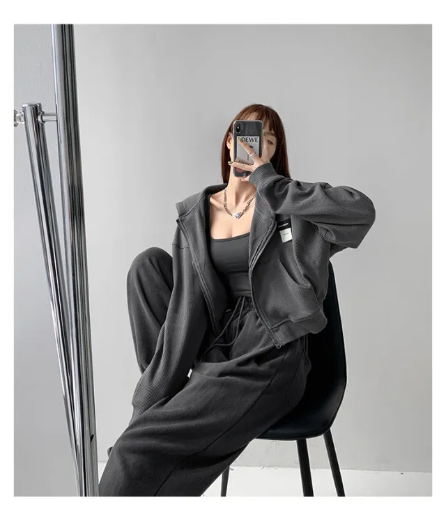 Short Long Sleeve Waffle Loose Hooded Sweatshirt Dark Grey - Shop at LoveMi