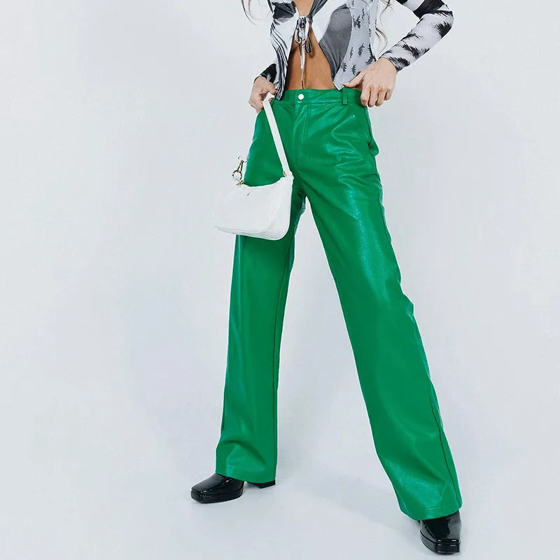 PU Trousers High Waist Loose Wide-leg Leather Pants Casual Trousers - Green