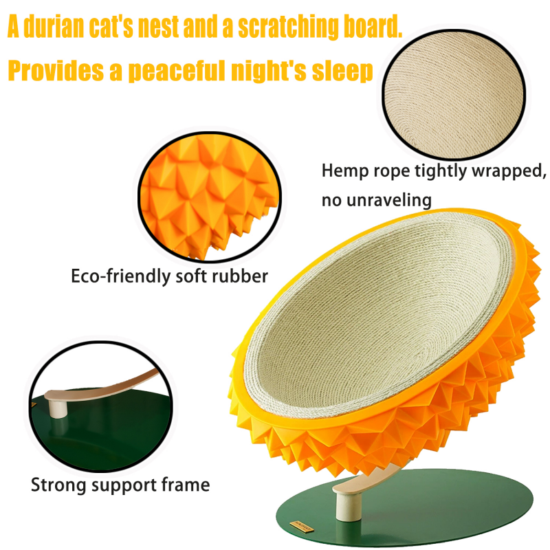 Durian Shape Cat Scratching Bed Cat House - Comfortable Sisal Rope Scratching Board With PVC Plastic Combination, 3 In 1 Cat Resting Bed - Suitable For Cat Claw Care, Cute And Sturdy Assemble