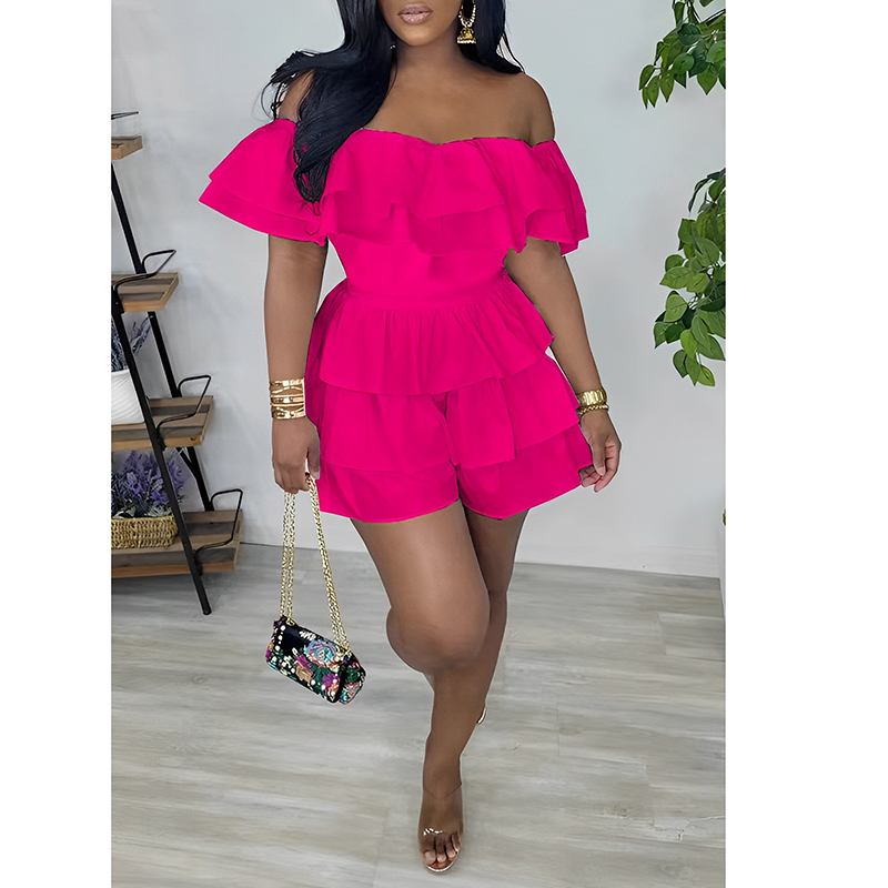 Womens Sexy Off Shoulder Rompers Summer Ruffle Short Sleeve Tiered Short Jumpsuits Rose Red - Shop at LoveMi