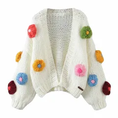 Handmade Crochet Cardigan Sweater Women Fruit Jacquard Embroidery - White - View 1