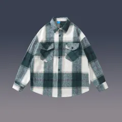 Women's Hem Shirt Woolen Plaid Print - Green - View 1
