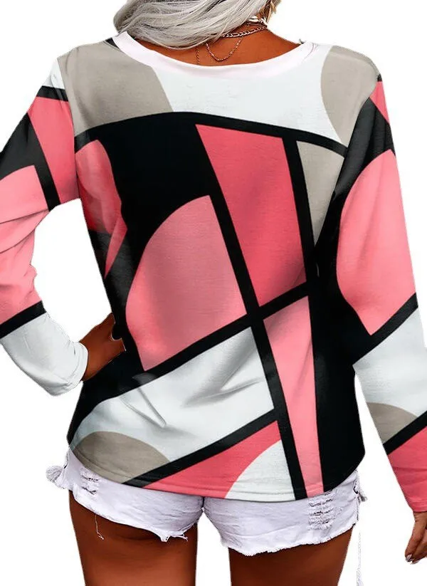 Long Sleeve Casual Loose V neck Cross Geometric Print Pink - Shop at LoveMi