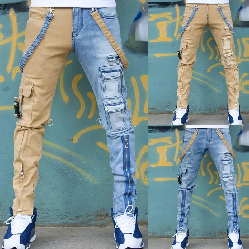 Color Block Wash Jeans Men's Trendy Brand Slim Straight-leg