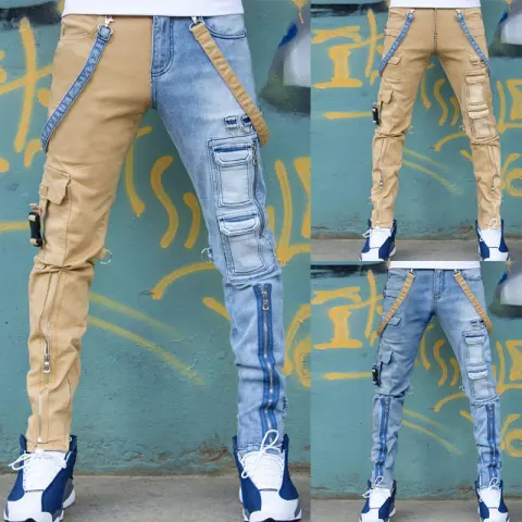 Color Block Wash Jeans Men's Trendy Brand Slim Straight-leg
