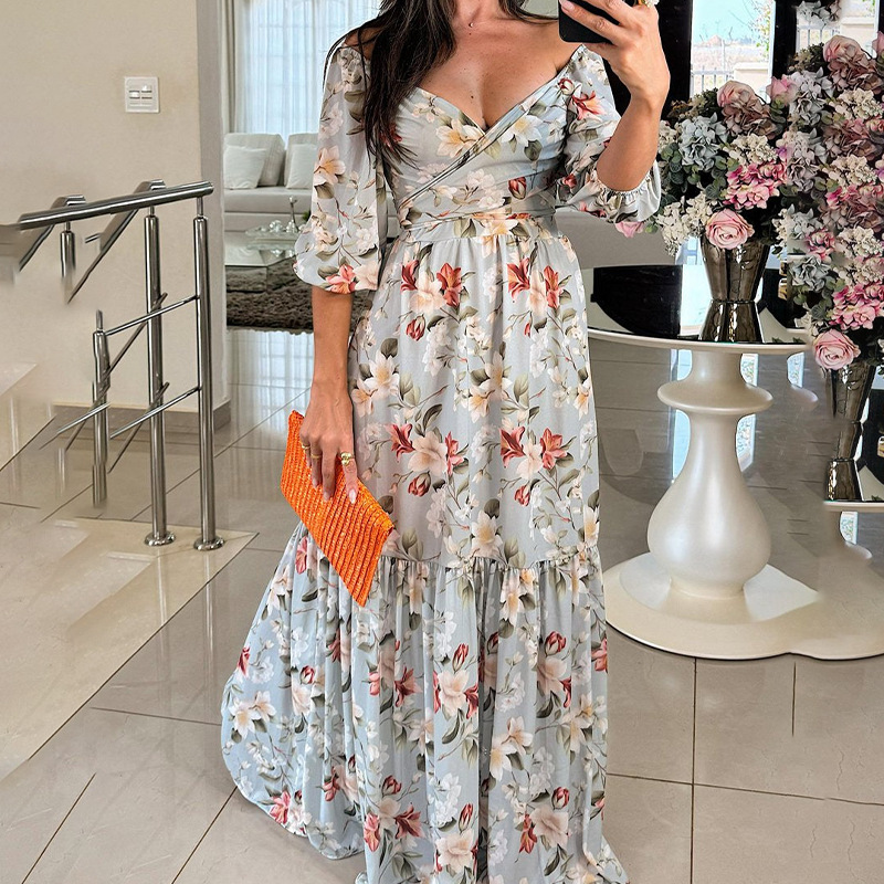 Fashion Elegant V-Neck Printed Tie-Waist Maxi Dress