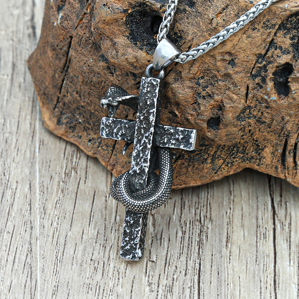 Mens Fashion Vintage Solid Three-dimensional Cobra Cross Pendant Necklace