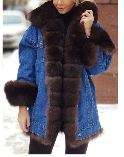 Ladies Fur One Denim Long Long Sleeve Coat - Image 3