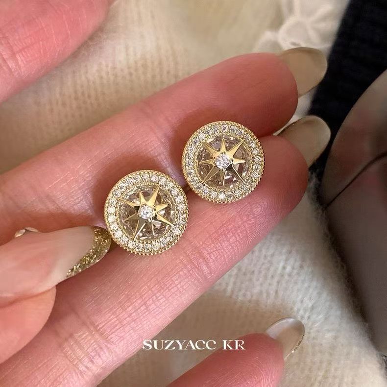 High-End Gold Full Rhinestone Eight-Pointed Star Stud Earrings For Women, Light Luxury Elegant Niche Unique Bestselling Ear Jewelry